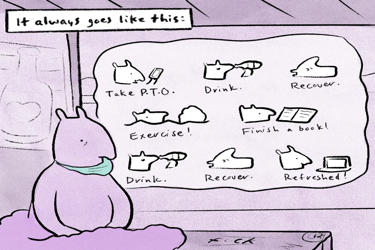 A panel from Sober Rabbit in which Shelby, a squirrel, ponders the cycle of relapse and recovery.