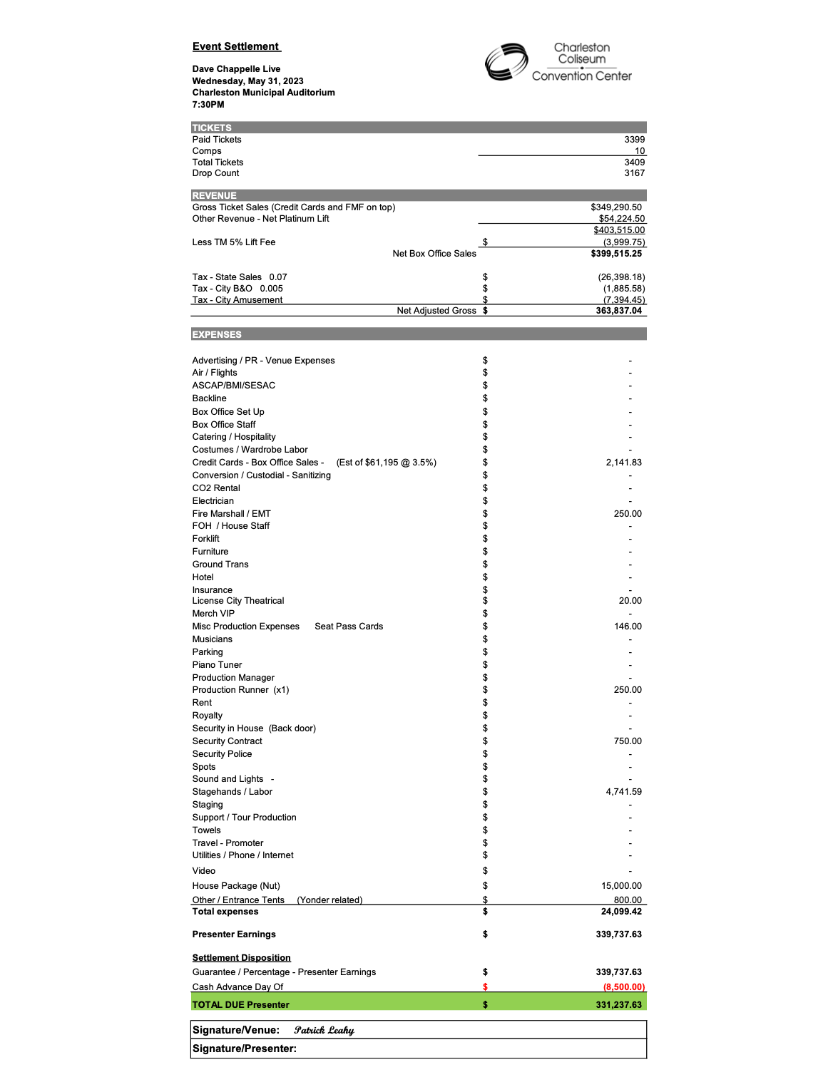 Event settlement listing "Presenter Earnings" as "$339,737.63."