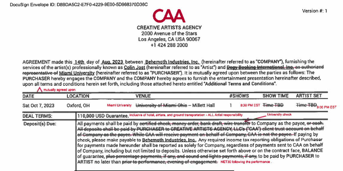 Screenshot of a contract between Colin Jost's agency and Miami University specifying deal terms of "110,000 USD guarantee" for a performance on October 7, 2023.