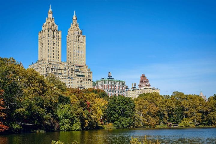 An image of The San Remo viewed from The Lake in Central Park.