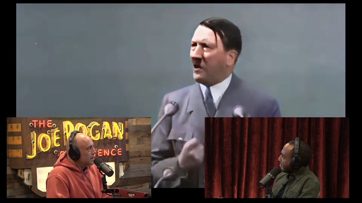Still from Joe Rogan's podcast in which he and guest Coleman Hughes look at an AI-generated image of Adolf Hitler.